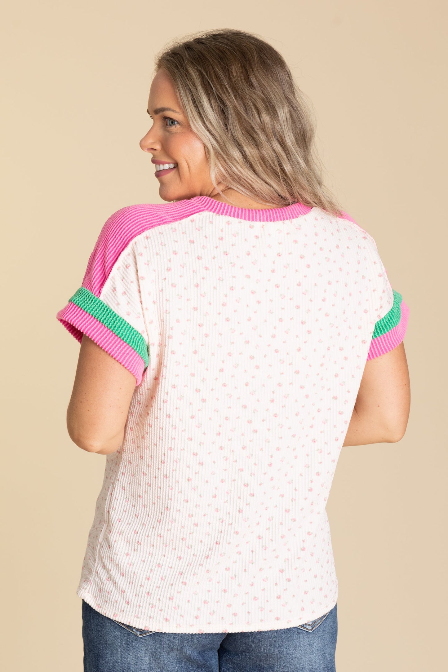 Baby Pink Floral Print Colorblock Knit Top