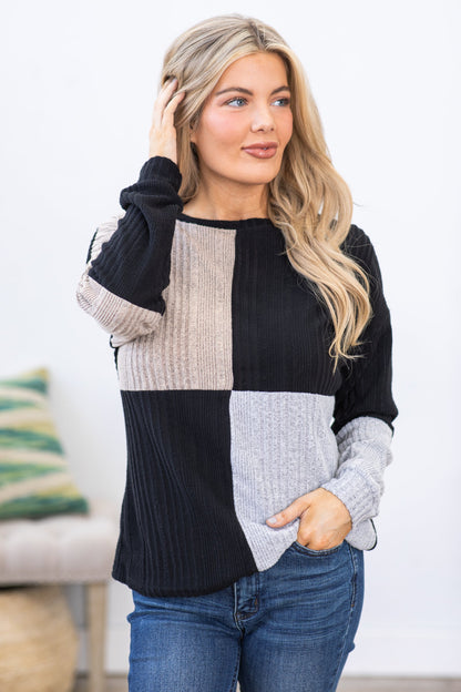 Black Colorblock Textured Long Sleeve Knit Top