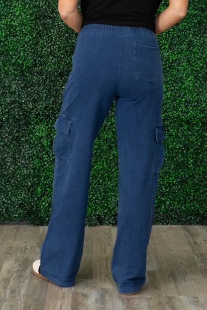 Blue Mineral Wash Wide Leg Cotton Cargo Pants