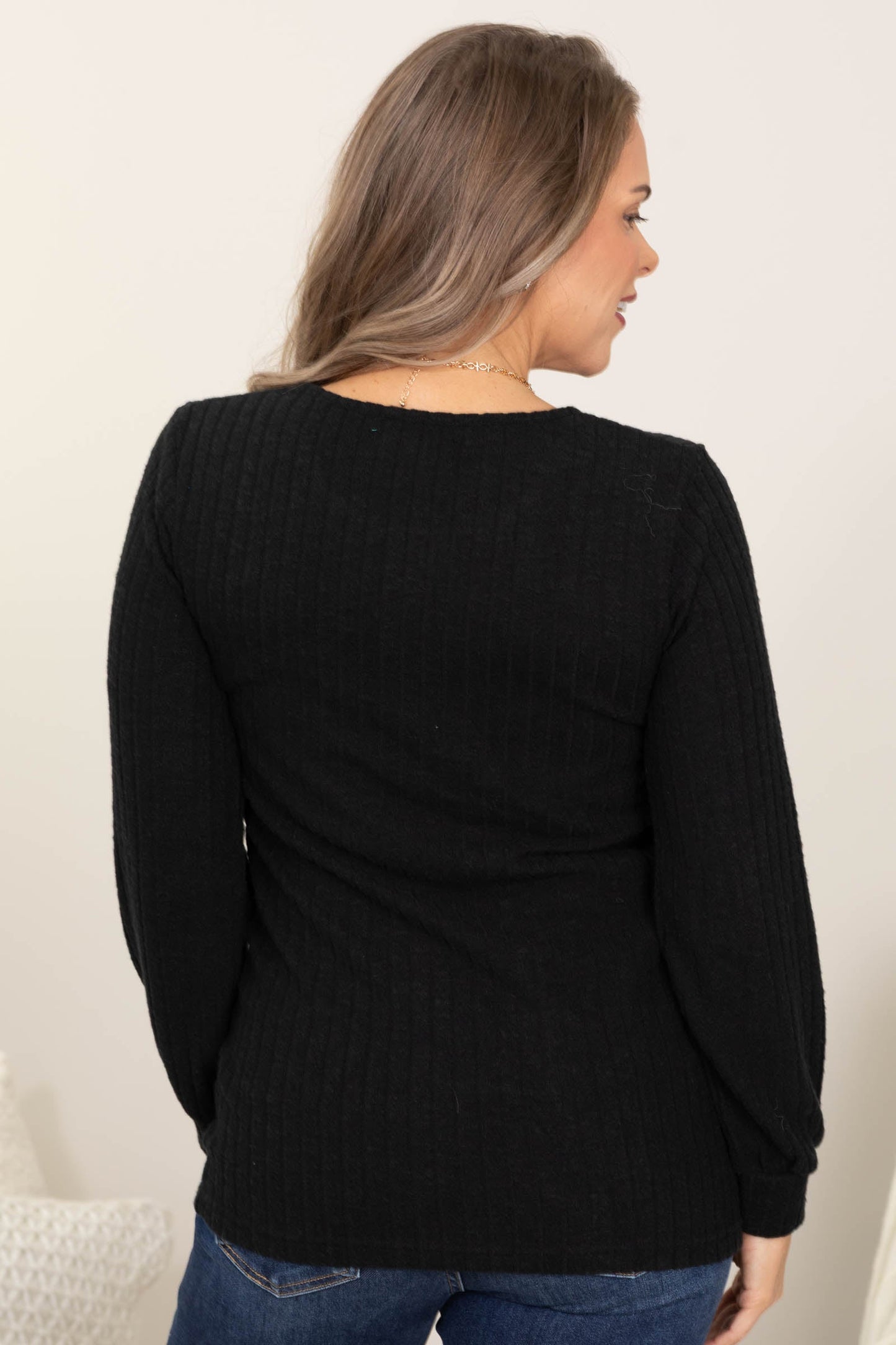 Black Hacci Ribbed Top With Faux Buttons