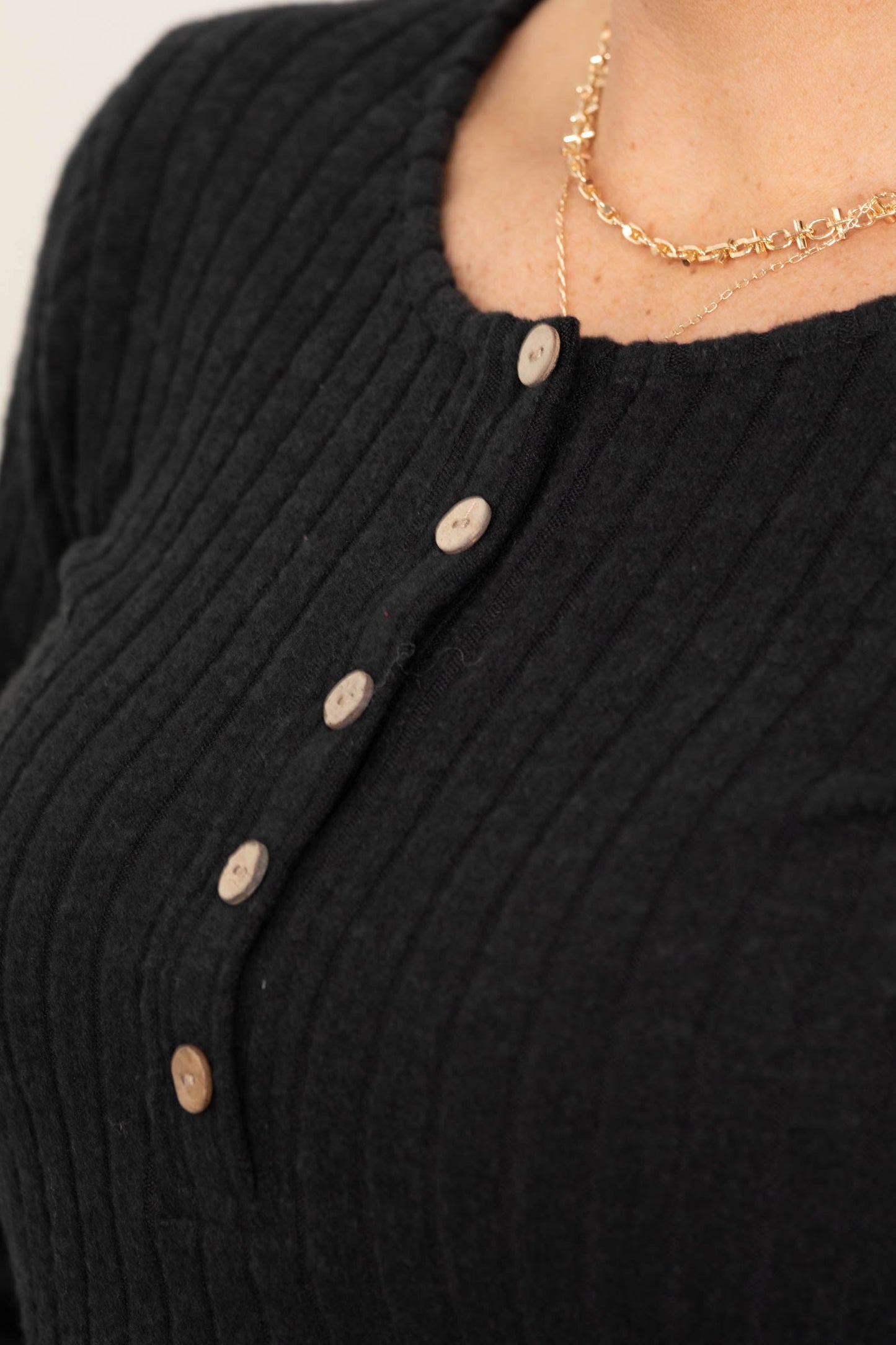 Black Hacci Ribbed Top With Faux Buttons