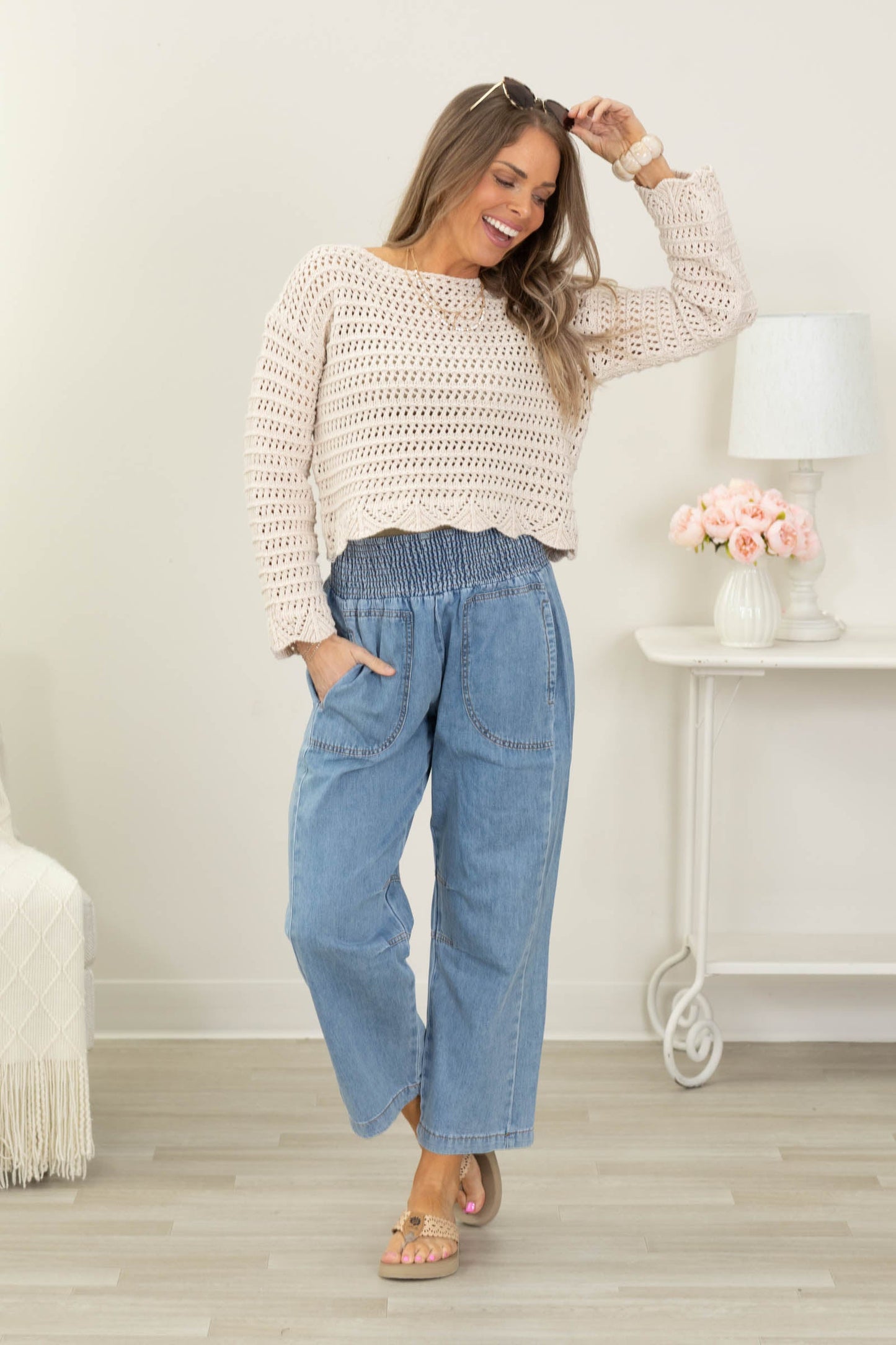 Beige Boat Neck Scalloped Open Knit Sweater