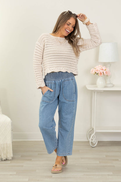 Beige Boat Neck Scalloped Open Knit Sweater
