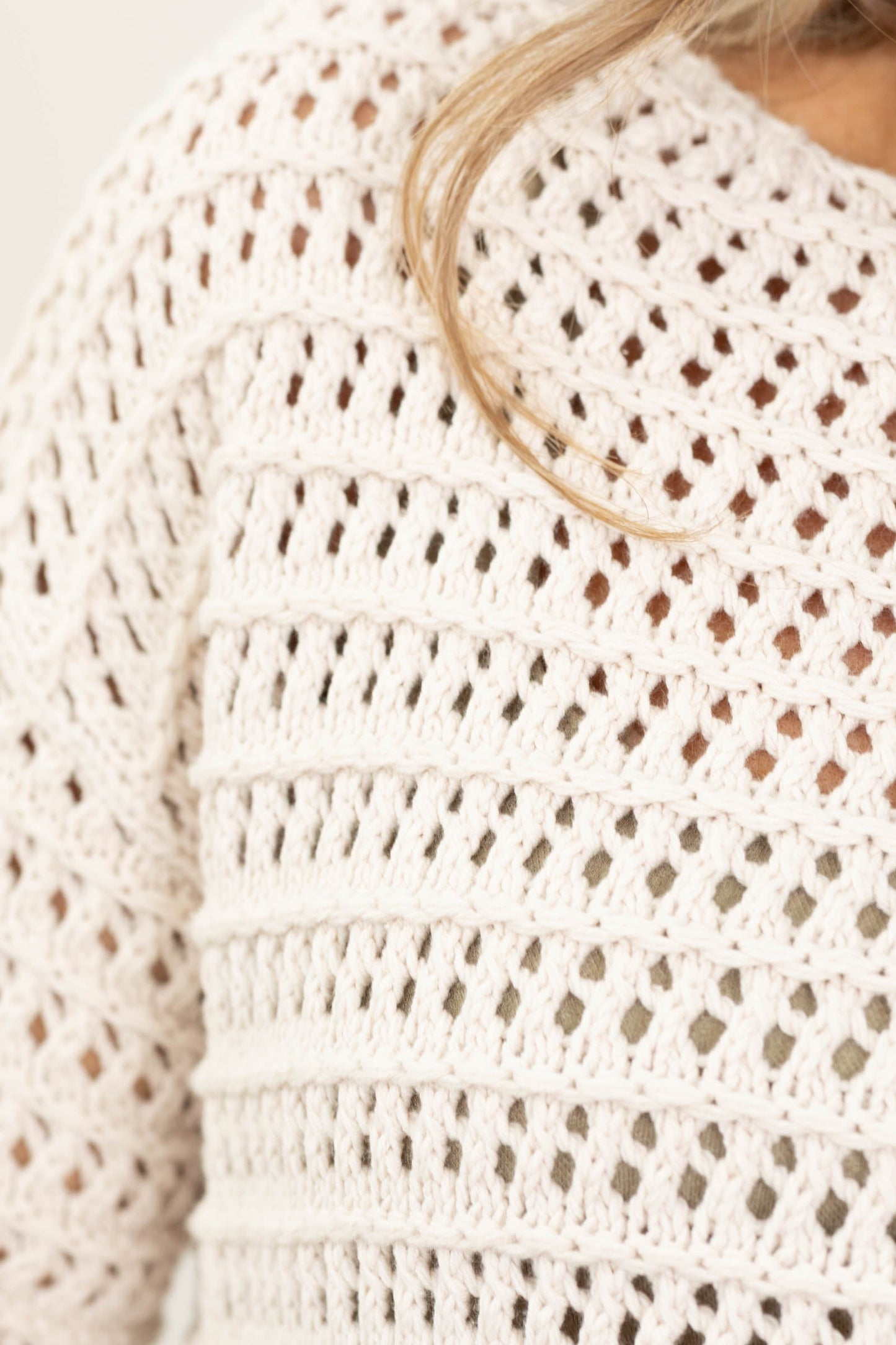 Beige Boat Neck Scalloped Open Knit Sweater