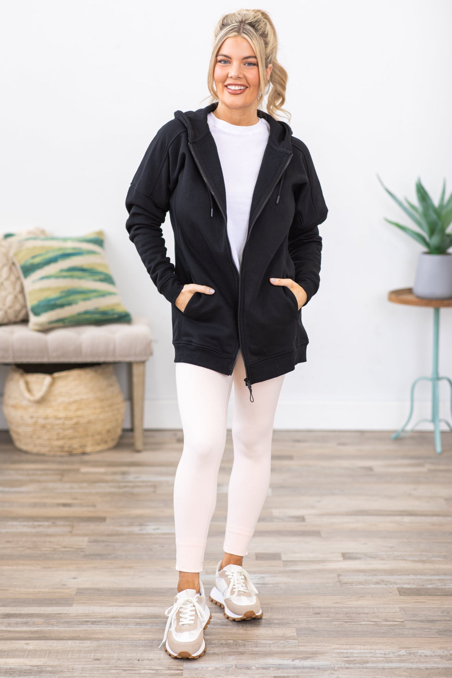 Black Long Fleece Lined Full Zip Hoodie