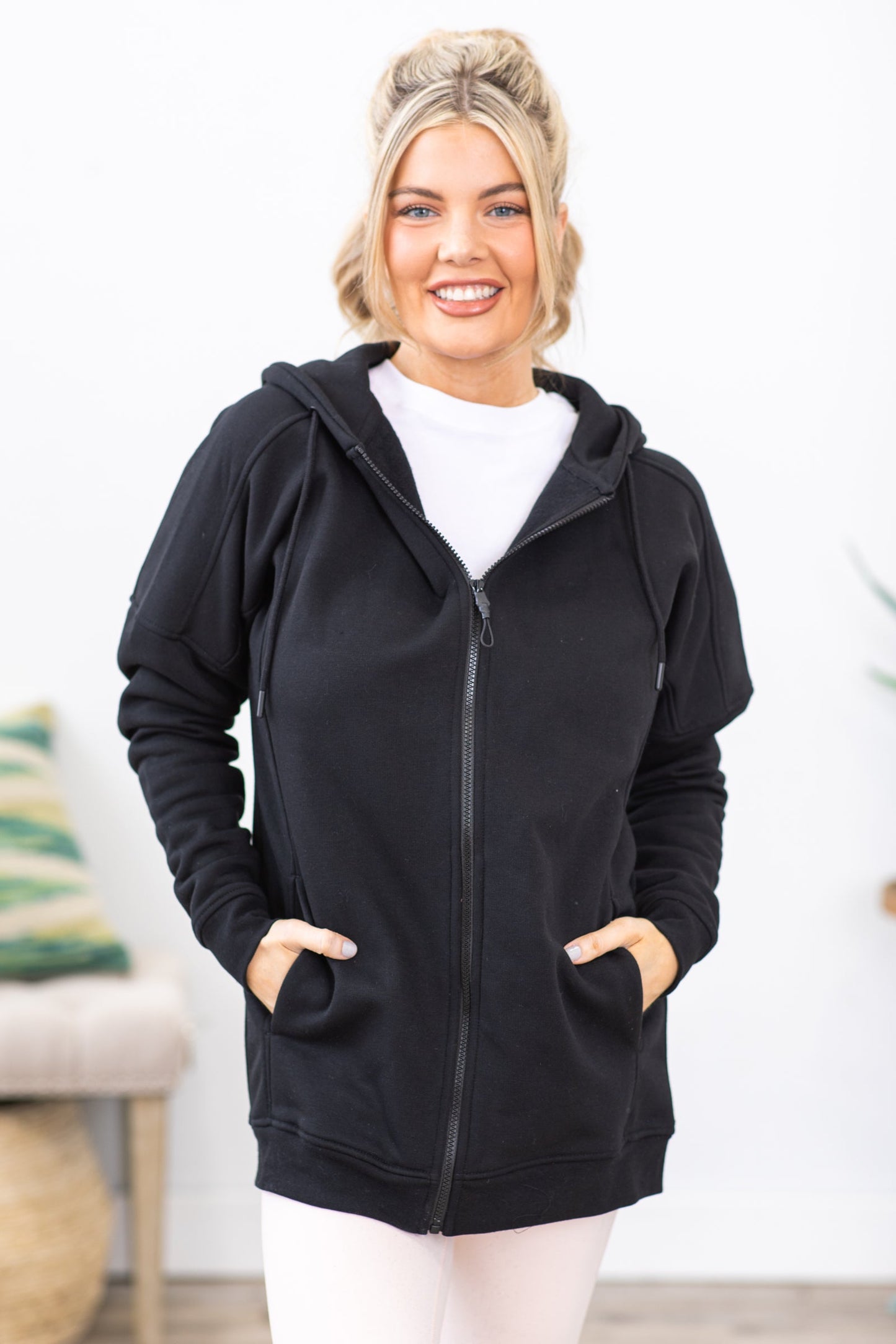 Black Long Fleece Lined Full Zip Hoodie