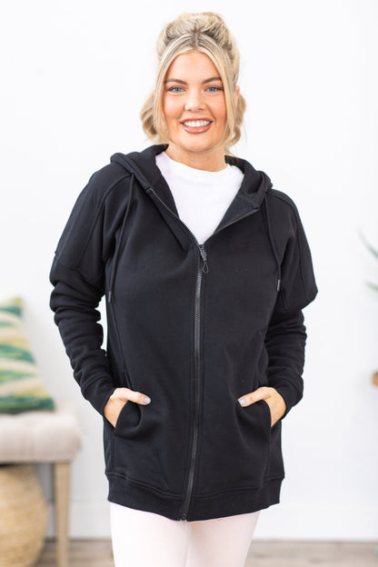 Black Long Fleece Lined Full Zip Hoodie