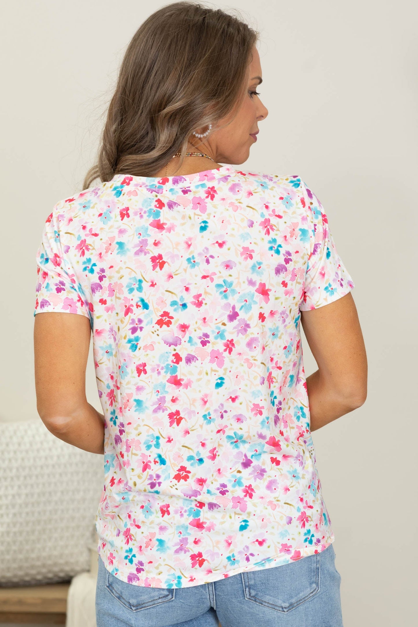 Basic Floral Printed Short Sleeve Knit Top