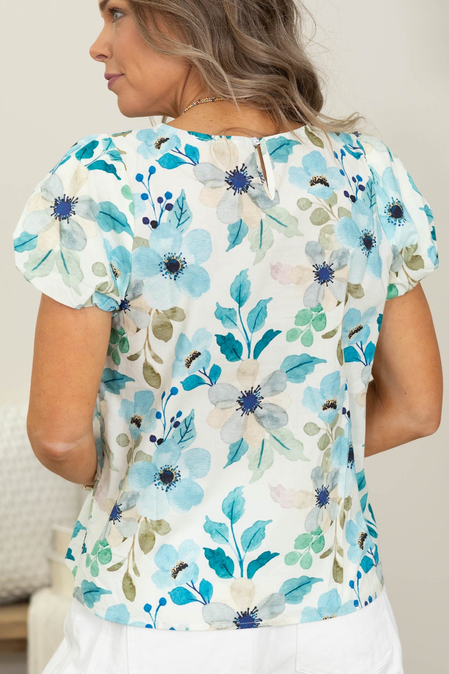Blue Balloon Sleeve Floral Printed Woven Top