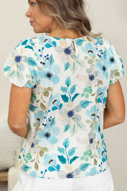 Blue Balloon Sleeve Floral Printed Woven Top