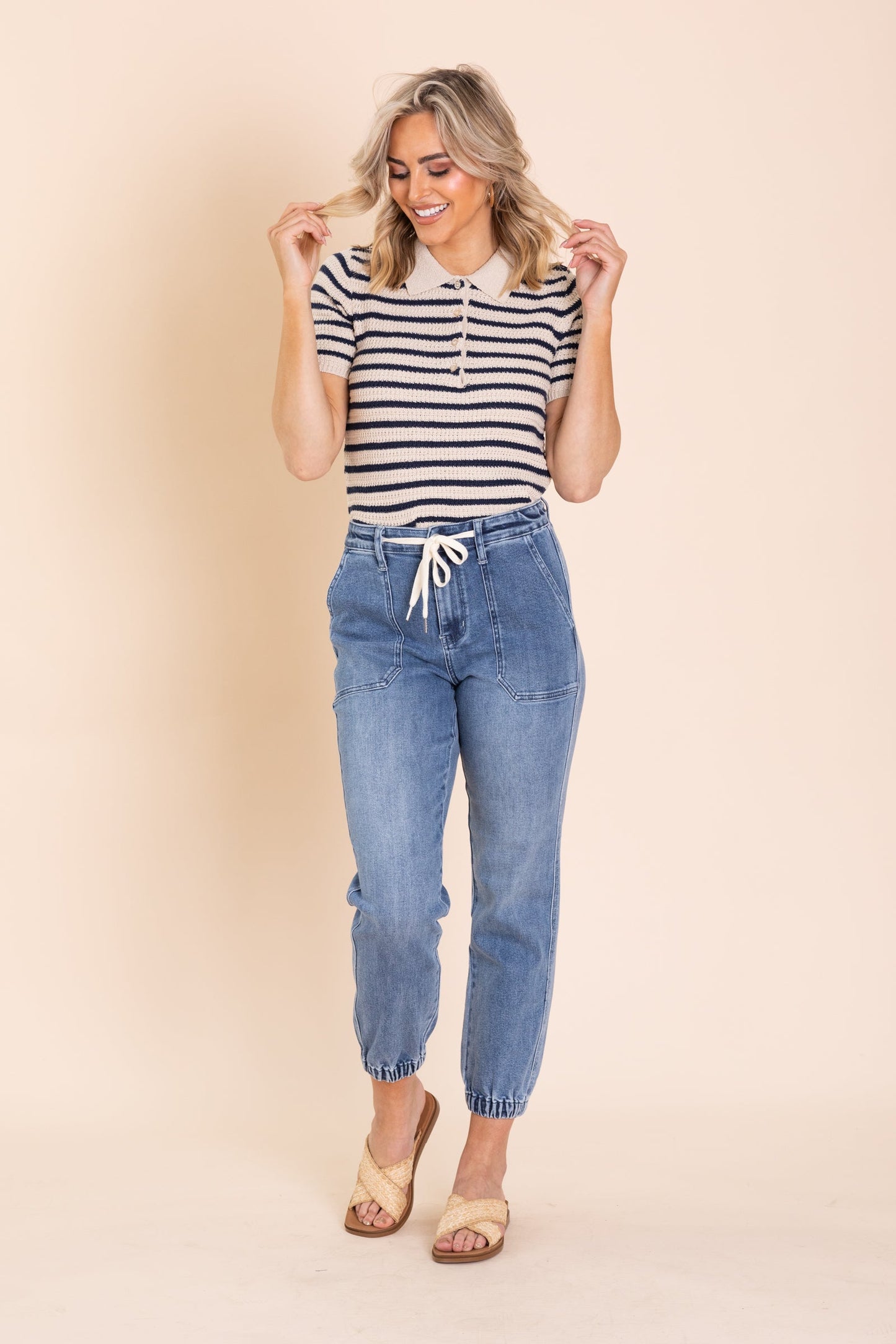 Beige And Navy Stripe Collared Sweater Top