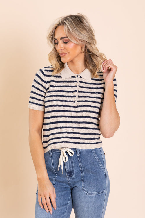 Beige And Navy Stripe Collared Sweater Top