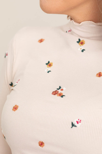 Beige Floral Cabbage Hem Mock Neck Rib Knit Top