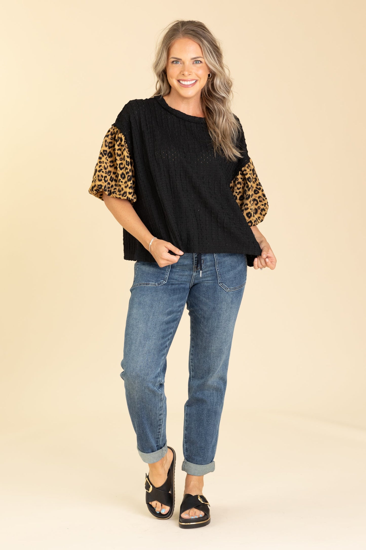 Black Textured Knit Top With Leopard Sleeves