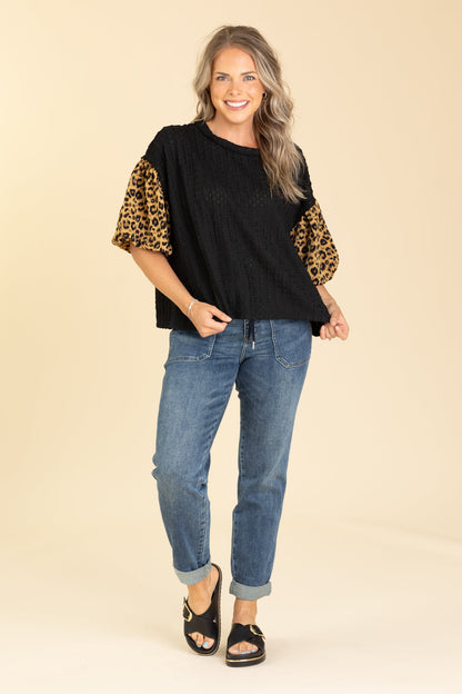 Black Textured Knit Top With Leopard Sleeves
