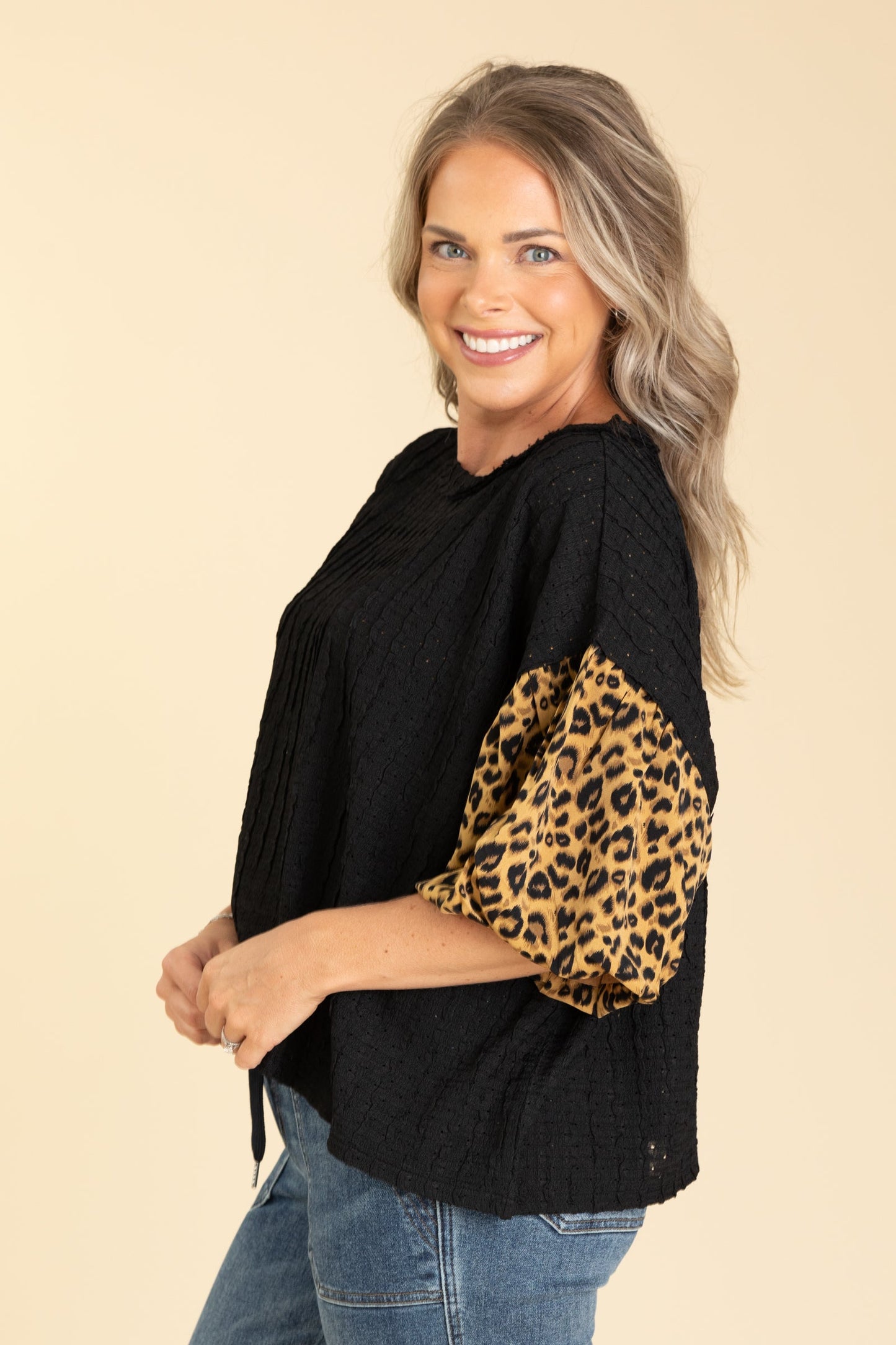 Black Textured Knit Top With Leopard Sleeves