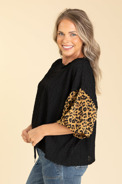 Black Textured Knit Top With Leopard Sleeves