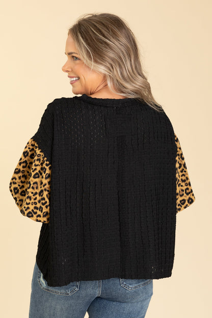 Black Textured Knit Top With Leopard Sleeves