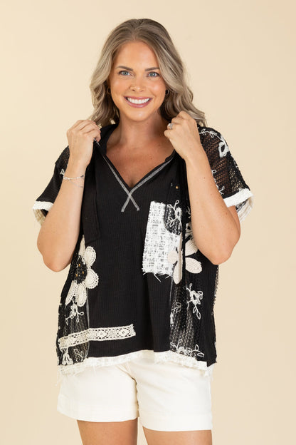 Black V-Neck Crochet Contrast Knit Top