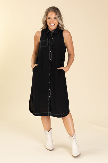 Black Button Up Midi Dress With White Stitch