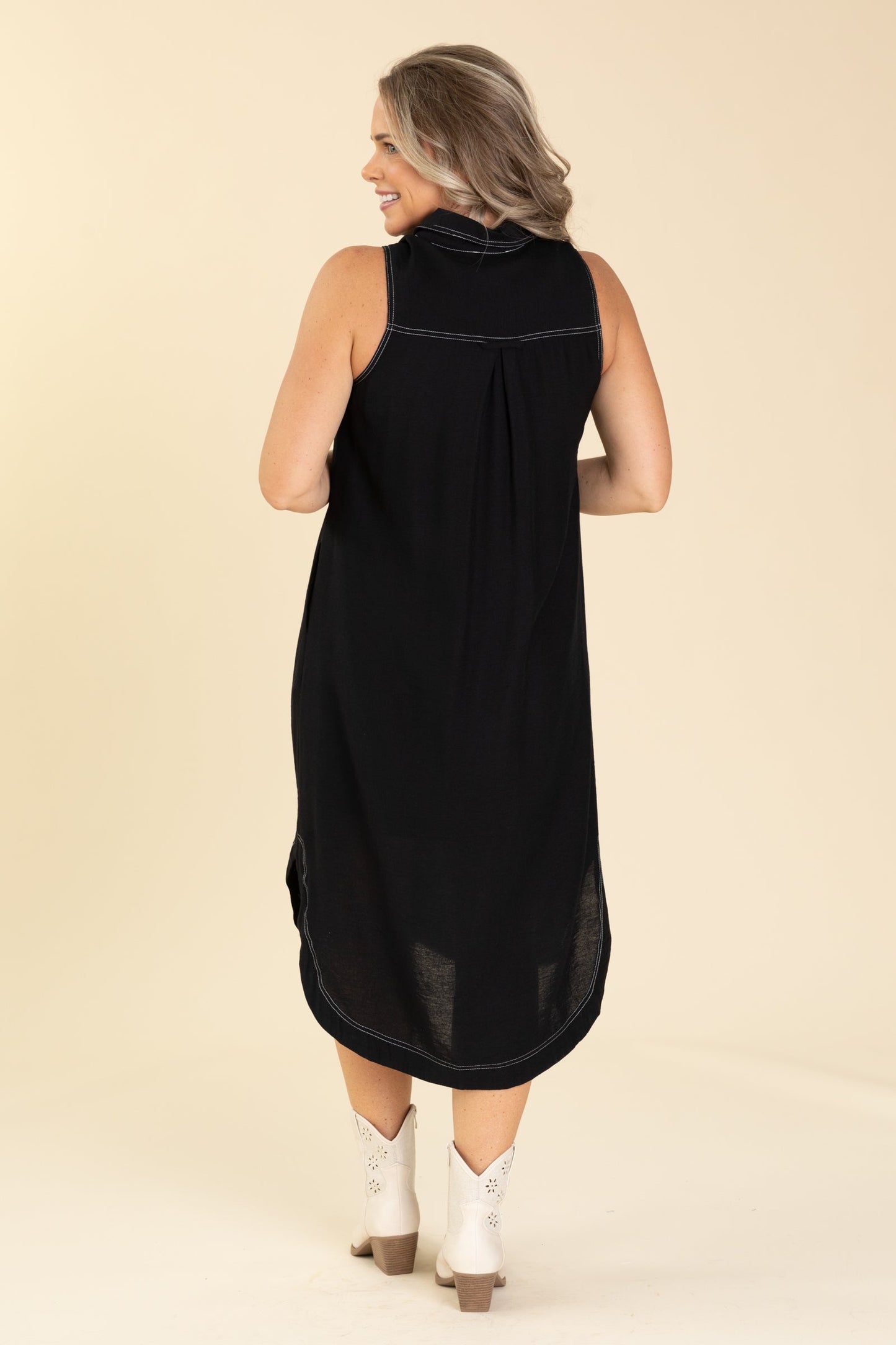 Black Button Up Midi Dress With White Stitch