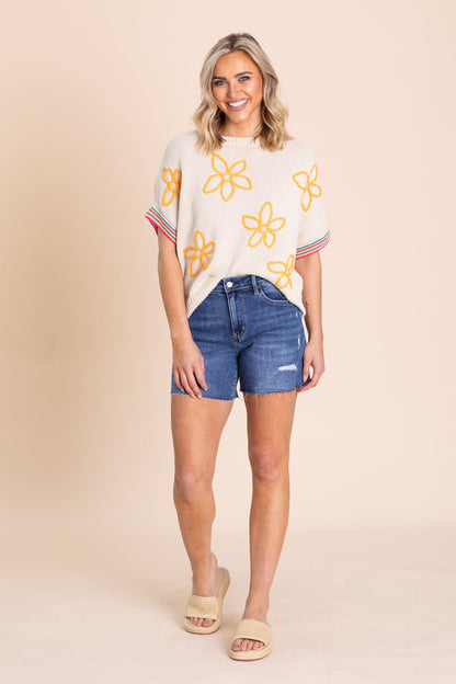 Beige With Marigold Flowers Knit Sweater Top