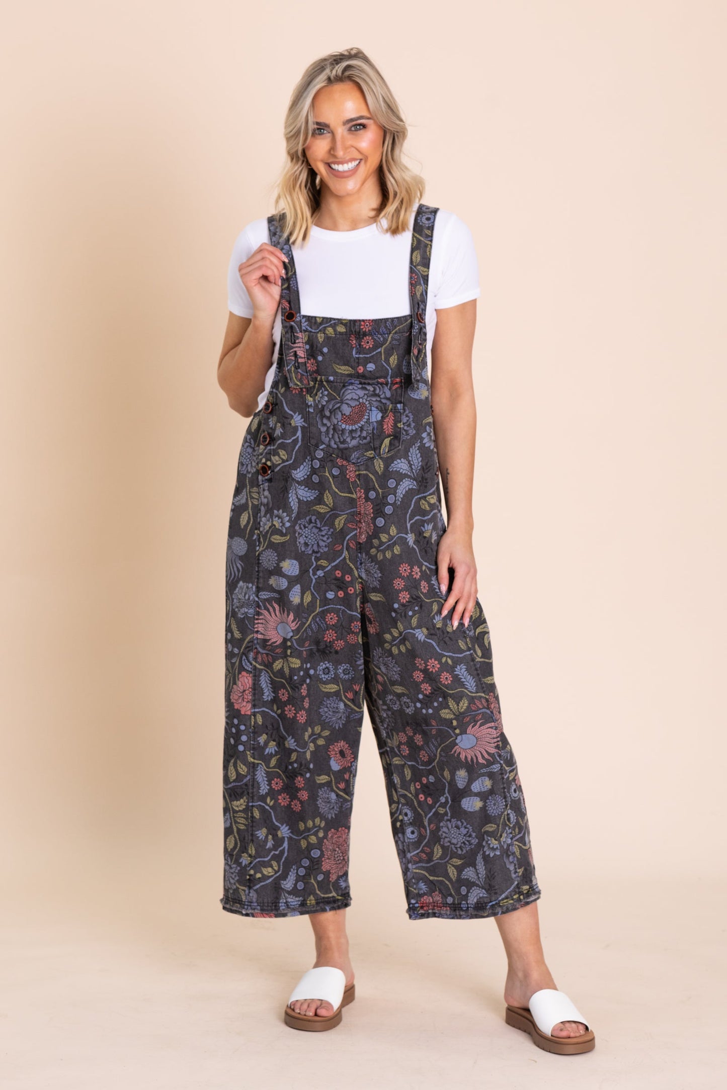 Black Denim Floral Vintage Overall Jumpsuit