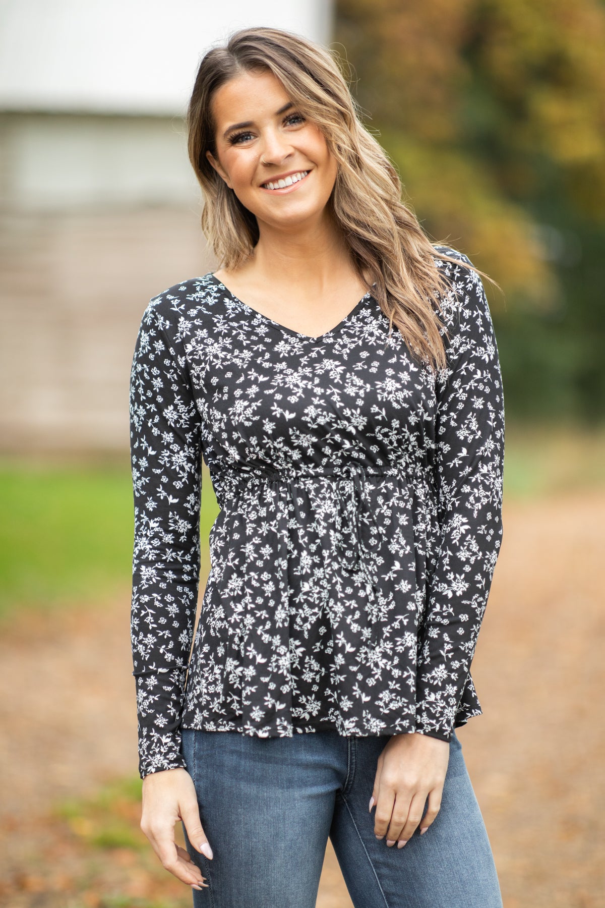 Black and White Tie Waist Floral Print Top