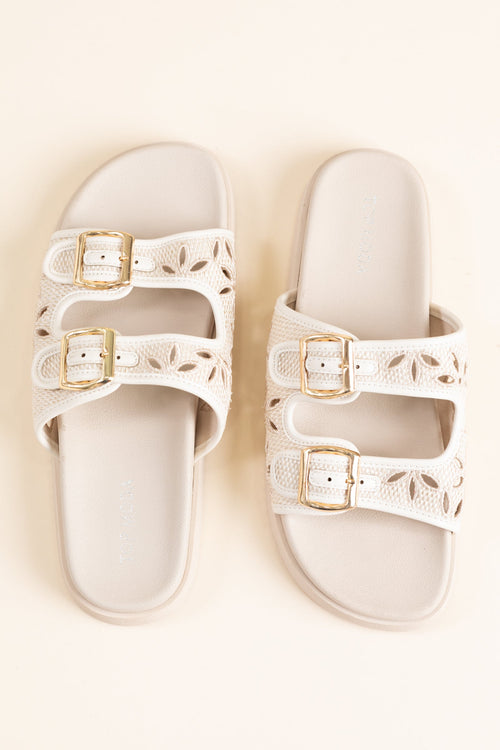Beige Floral Cutout Double Buckle Sandal