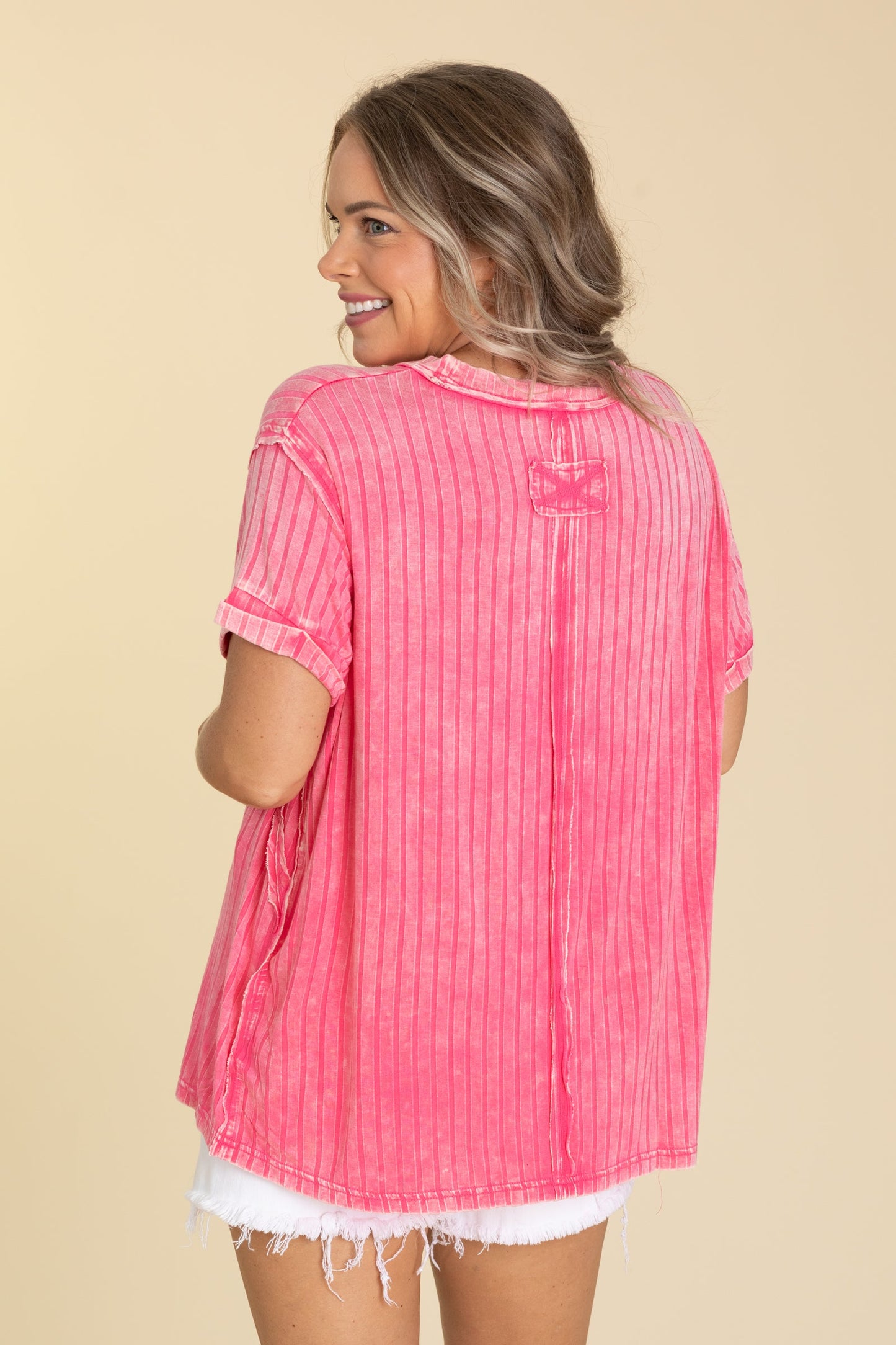 Acid Washed Ribbed Boatneck Knit Tops