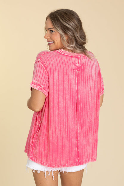 Acid Washed Ribbed Boatneck Knit Tops