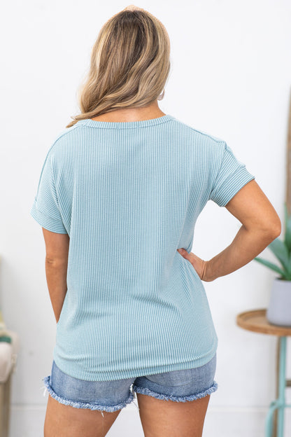 Blue Ribbed Short Sleeve Knit Top