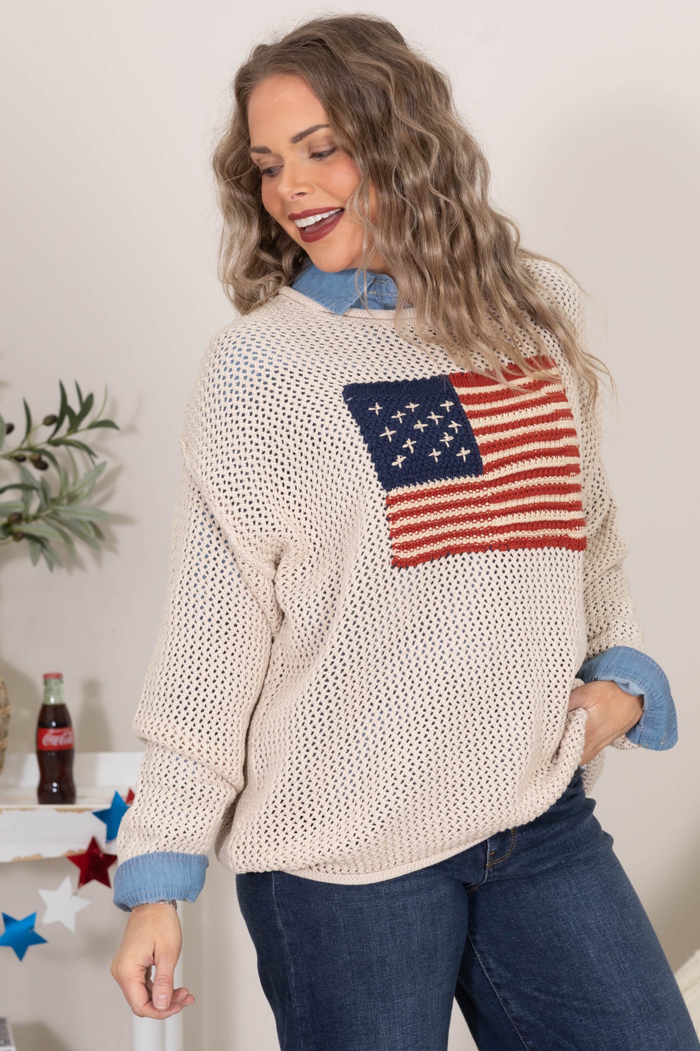 Beige American Flag Crochet Sweater