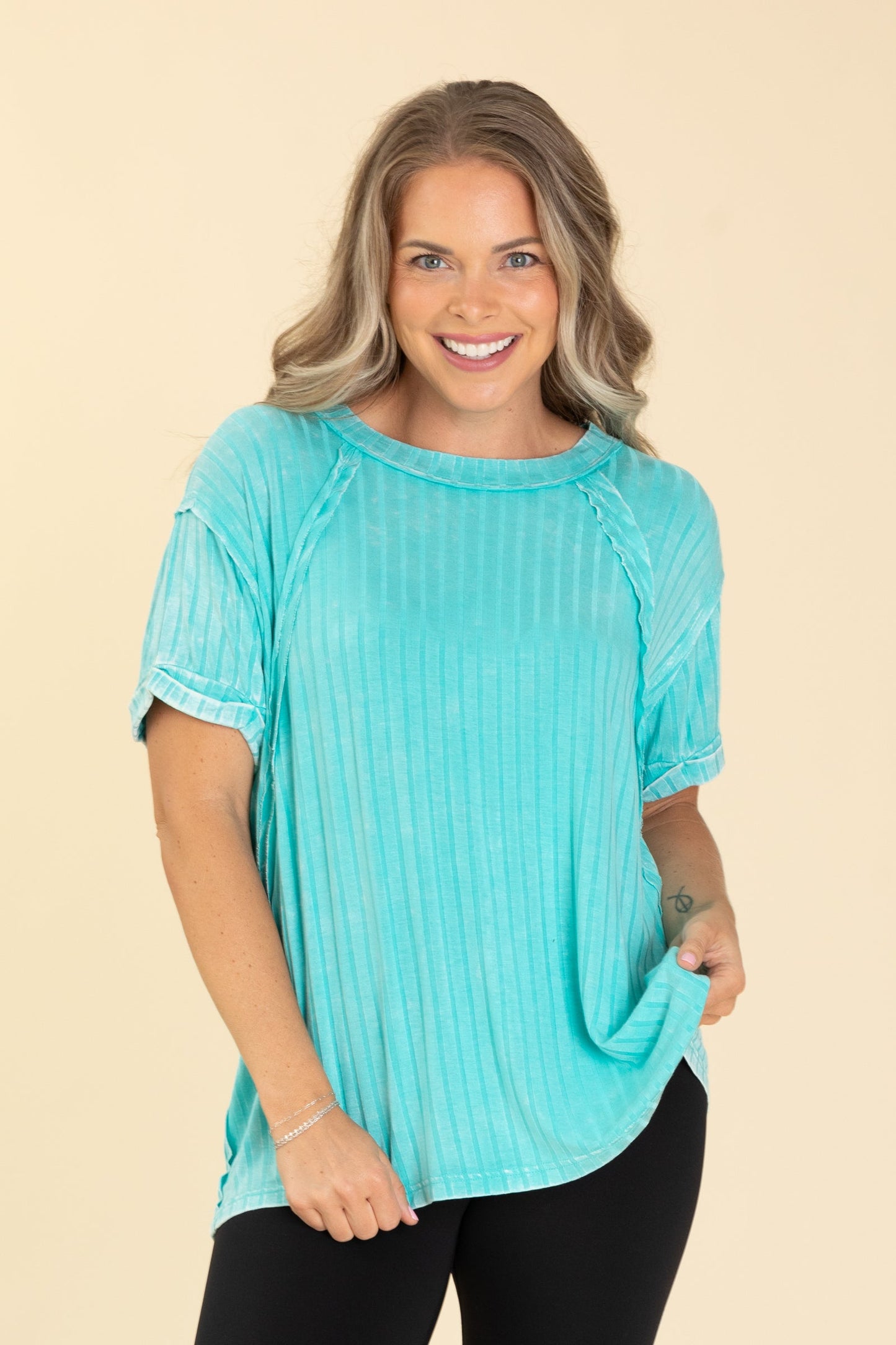 Acid Washed Ribbed Boatneck Knit Tops