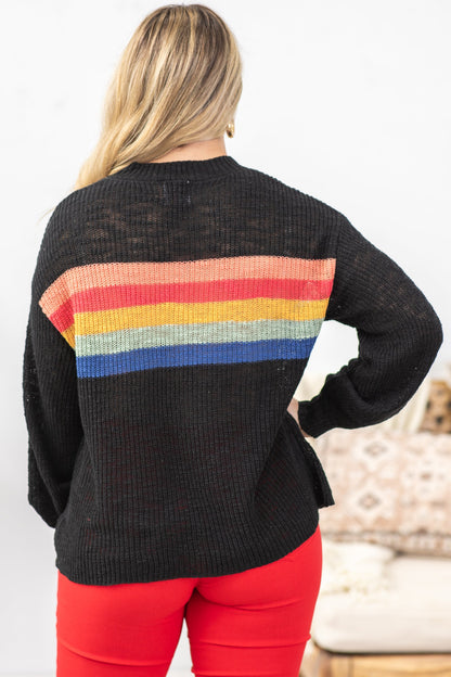 Black and Rainbow Stripe Sweater Knit Top