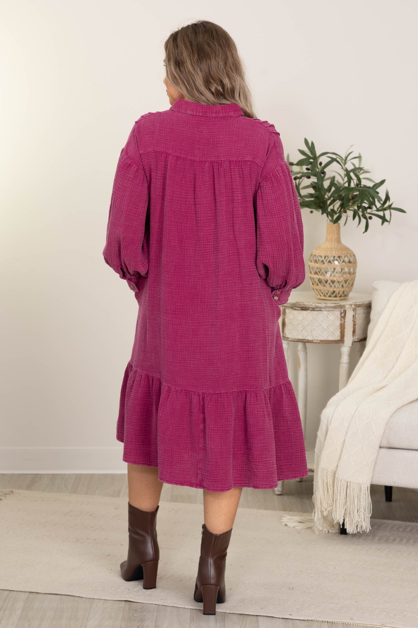 Berry Flowy Long Sleeve Midi Dress