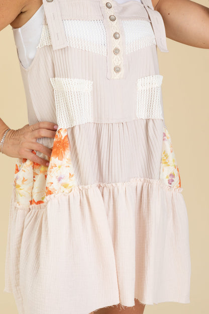 Beige Solid Pattern Raw Edge Overall Dress