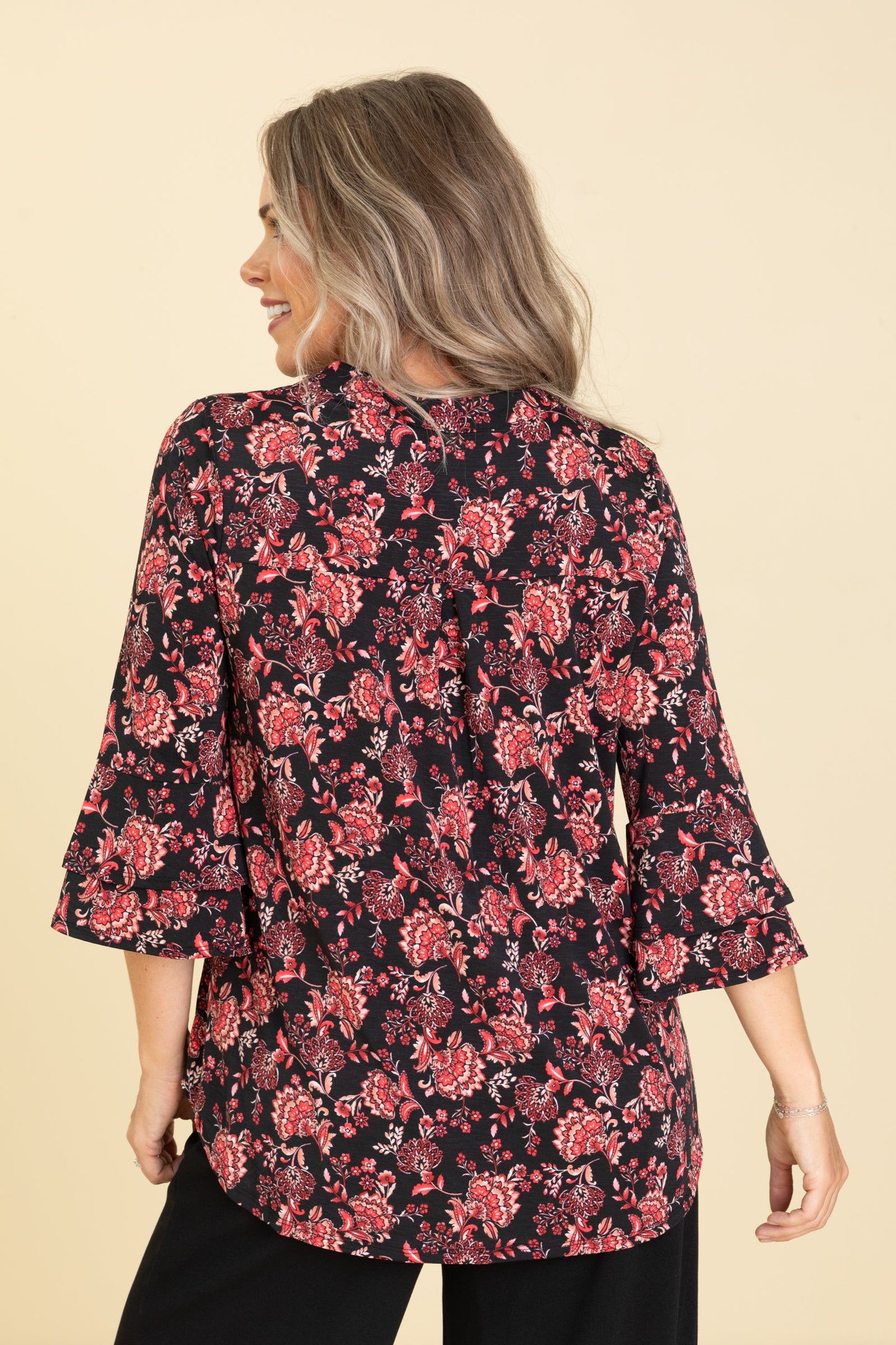Black With Red Bell Sleeve Wrinkle Free Top