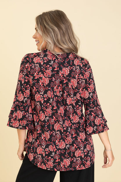Black With Red Bell Sleeve Wrinkle Free Top