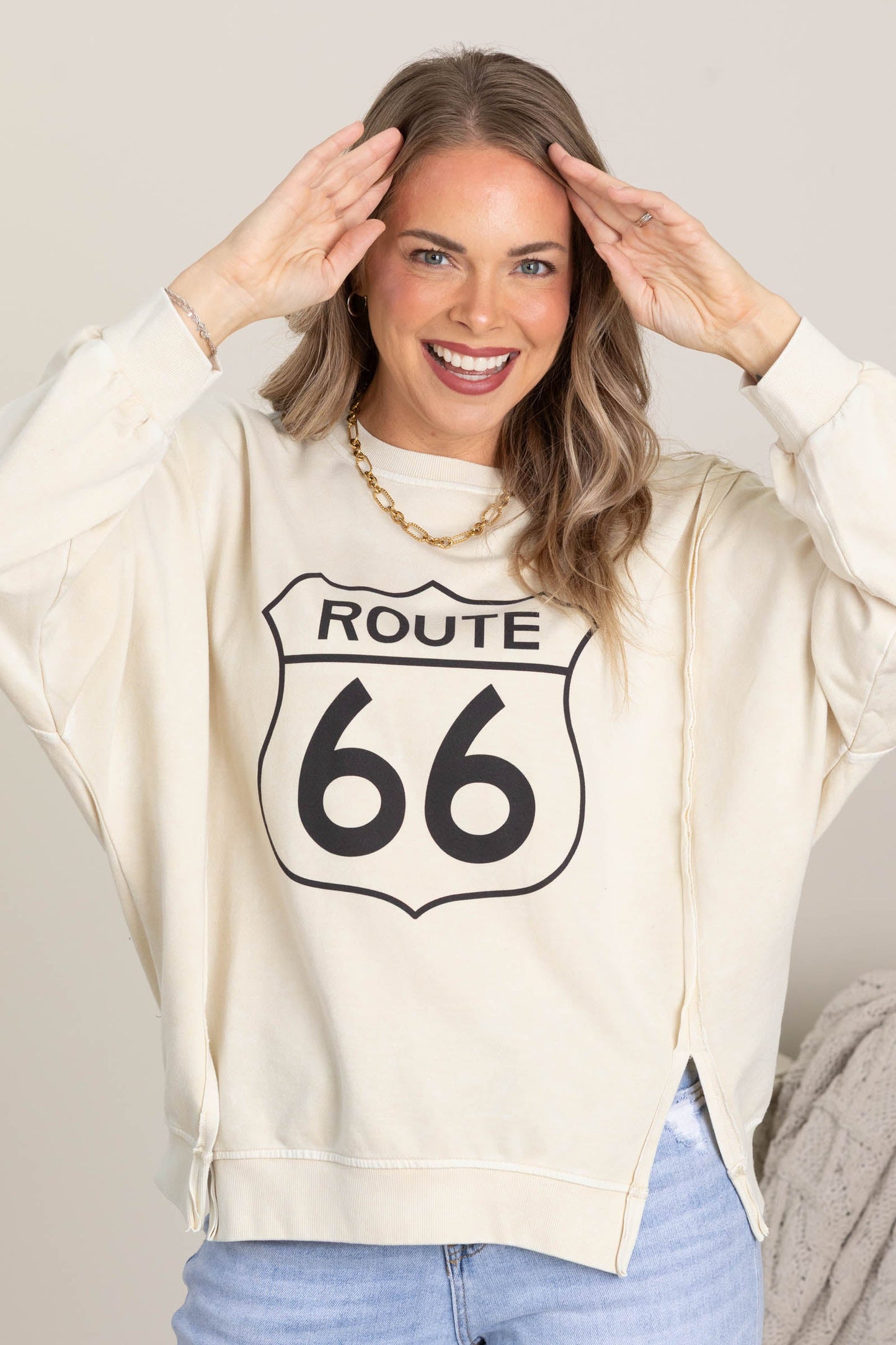 Beige Route 66 Long Sleeve Knit Top