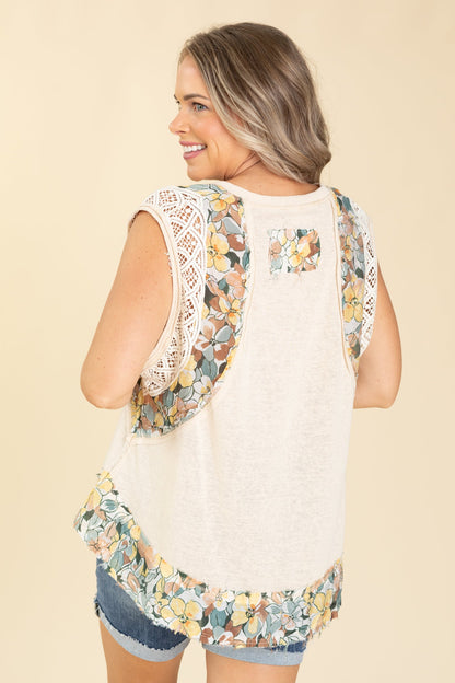 Beige Floral Crochet Contrast Knit Top