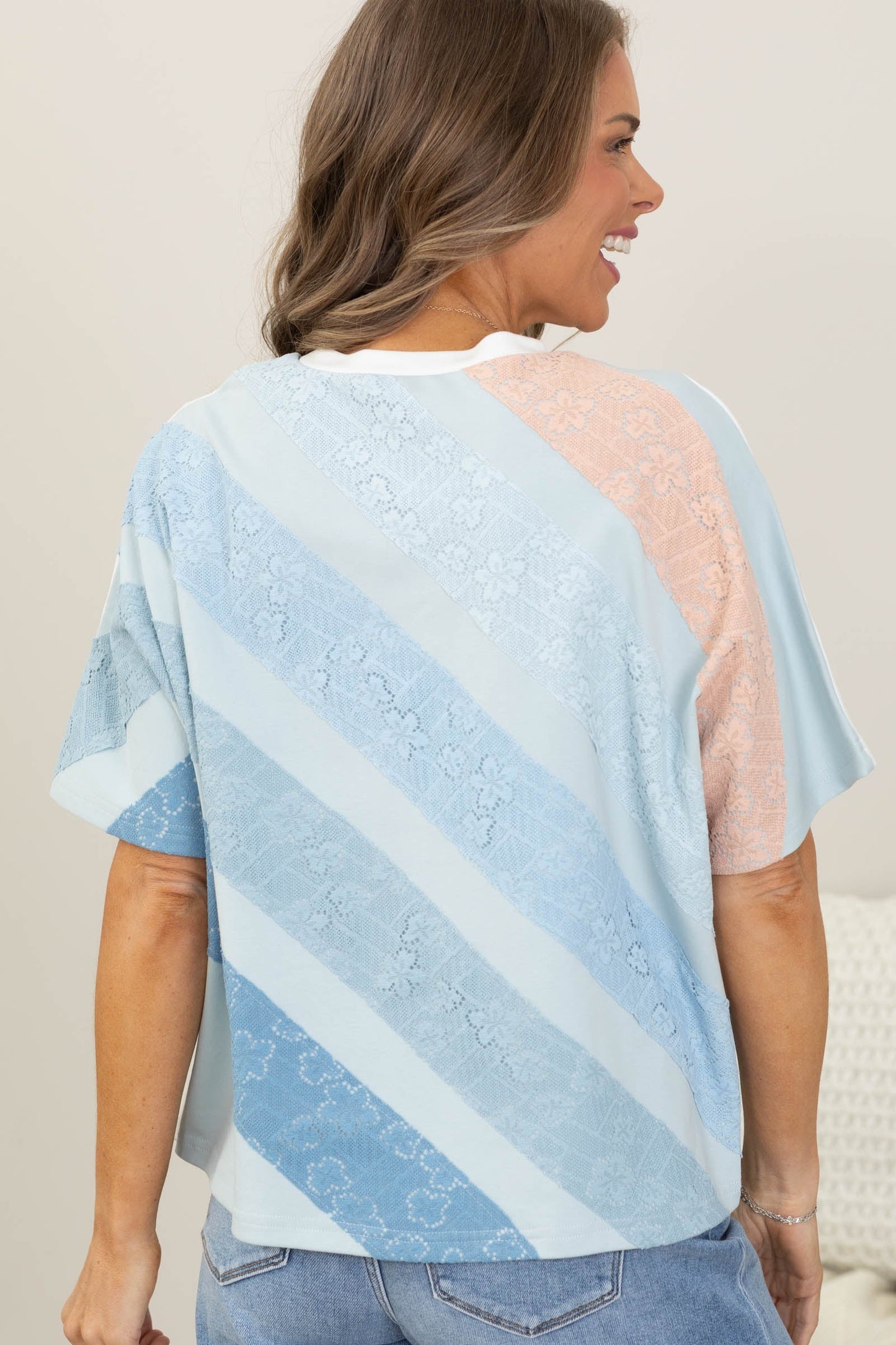 Blue Striped Tee With Flower Print