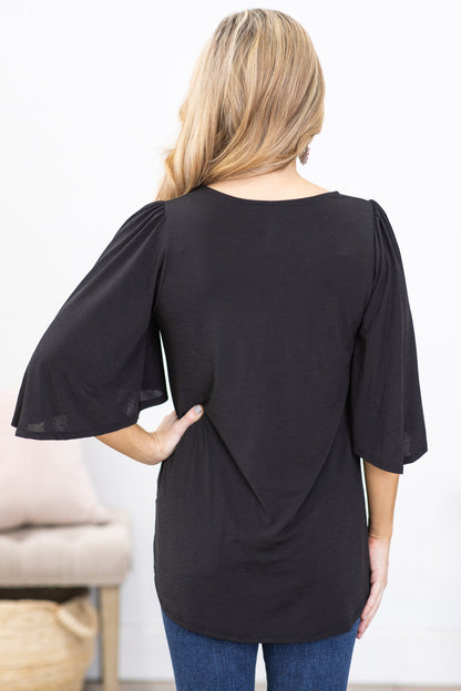 Black Short Sleeve V-Neck Wrinkle Free Top