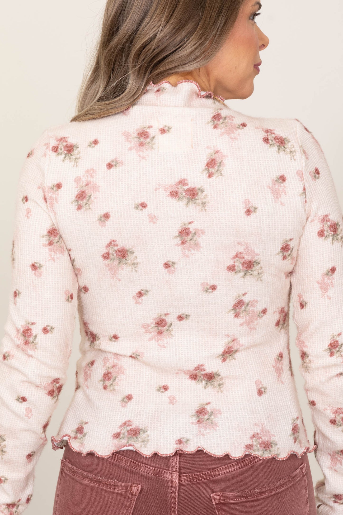 Beige Soft Floral Thumbhole Knit Top