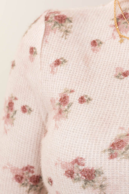 Beige Soft Floral Thumbhole Knit Top