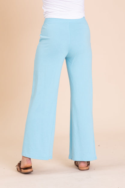 Baby Blue Ribbed Waistband Wide Leg Pants