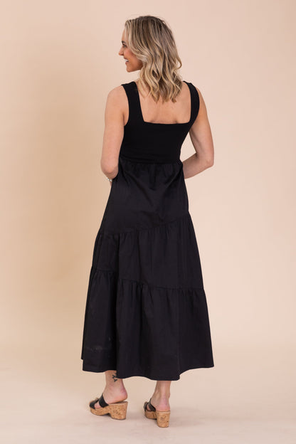Black Tiered Mix Media Square Neck Maxi Dress