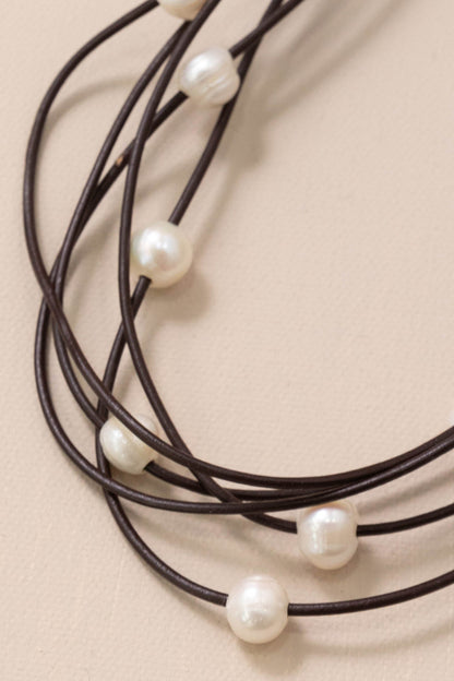 5 Strand Leather Necklace With Pearl Beads