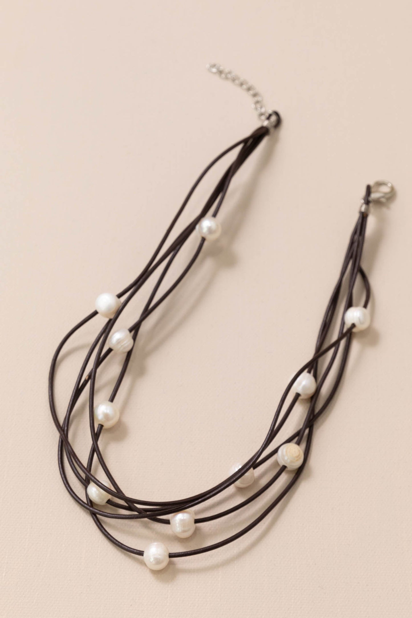 5 Strand Leather Necklace With Pearl Beads