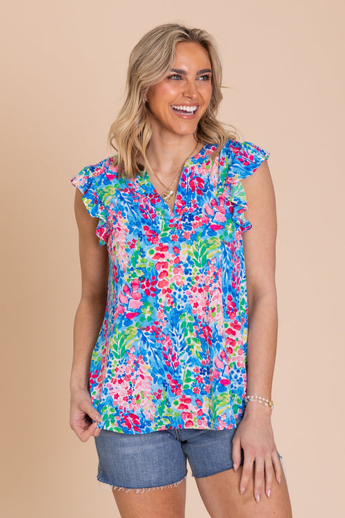 Blue Print Ruffle Sleeve Wrinkle Free Liz Top
